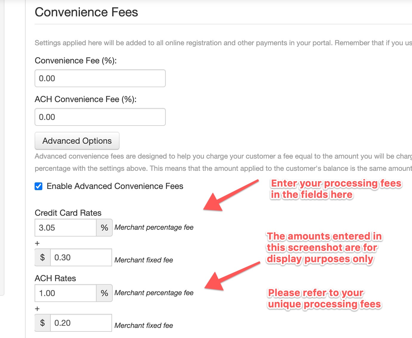 Convenience fees settings form.