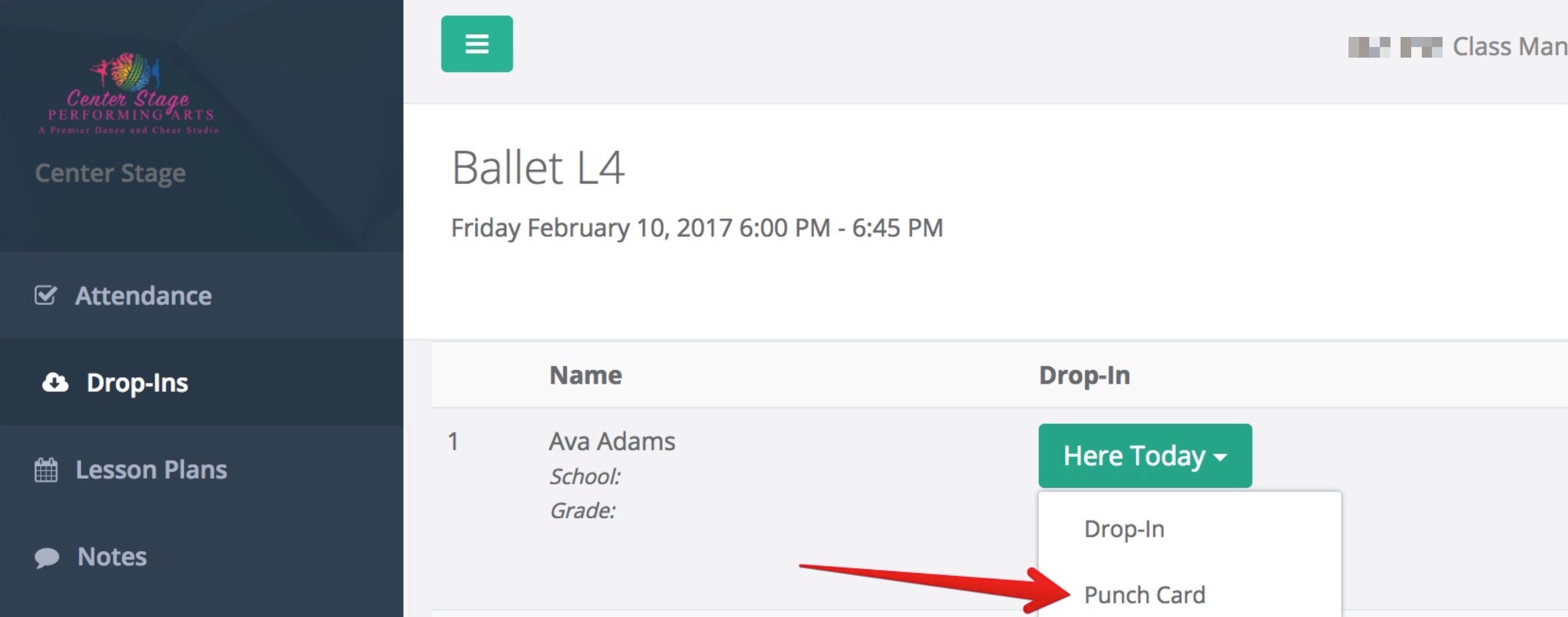 Attendance interface with drop-in options.