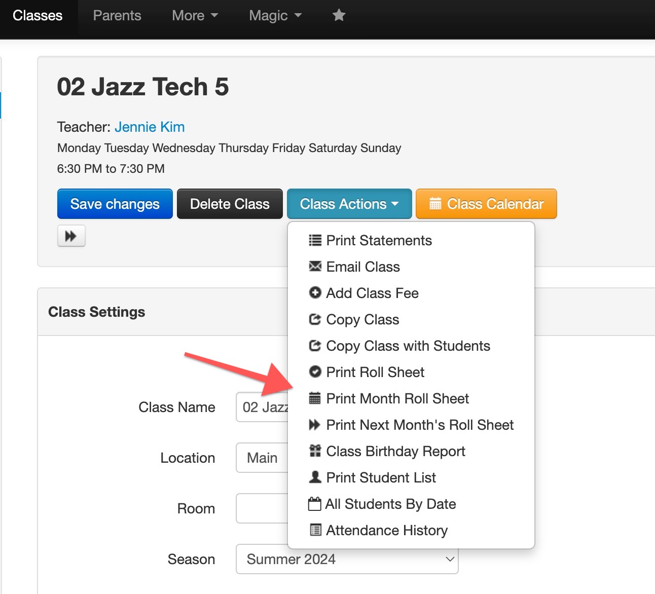 Class management interface with dropdown menu.
