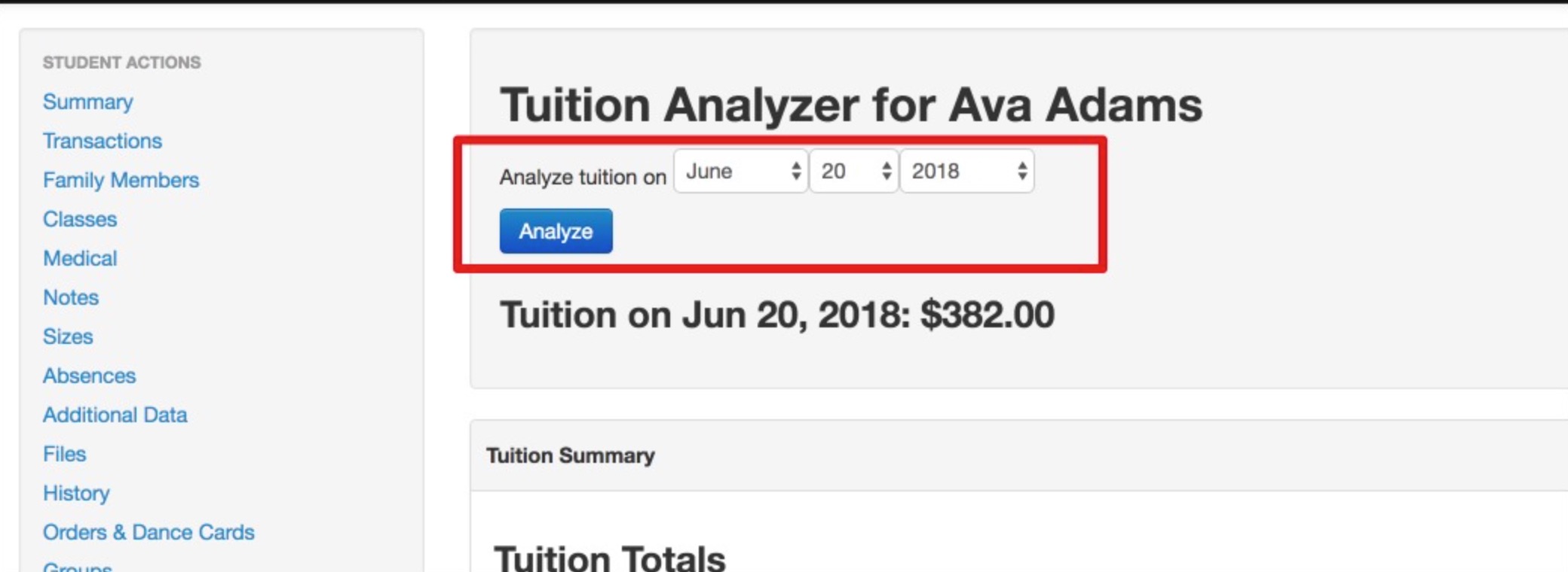 Tuition Analyzer interface with date selection.