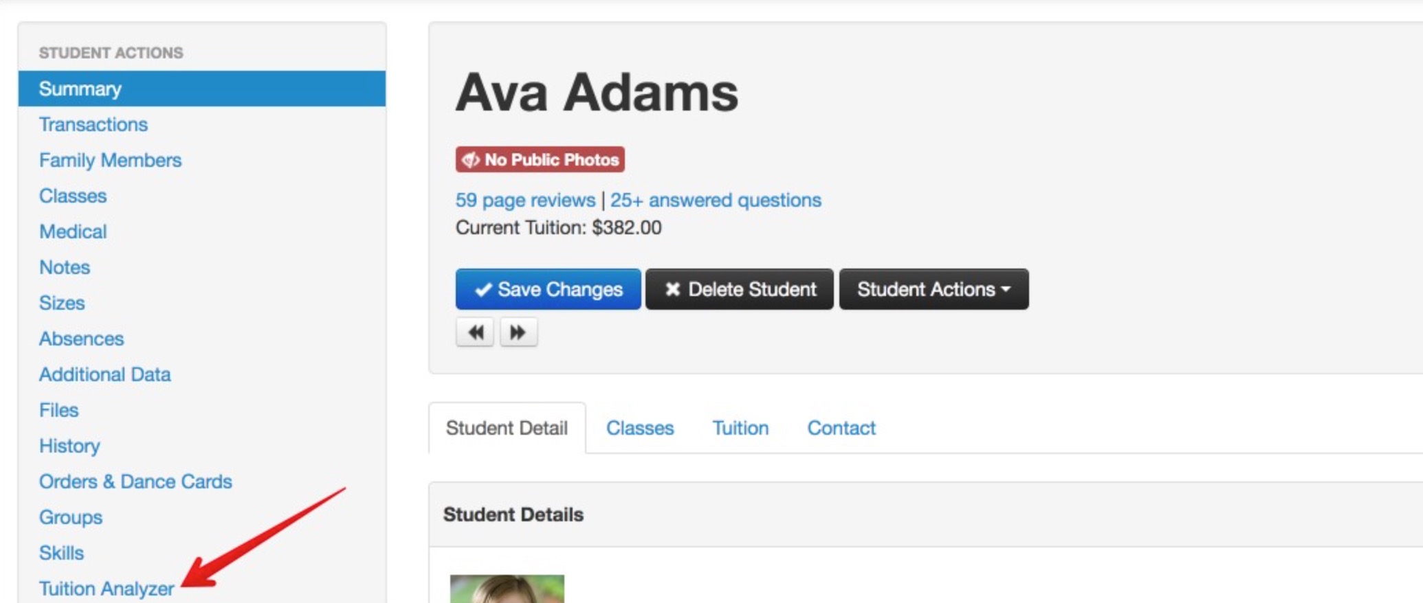 Screenshot of example Student page for Ava Adams. Red arrow points to Tuition Analyzer in left-hand navigation bar.