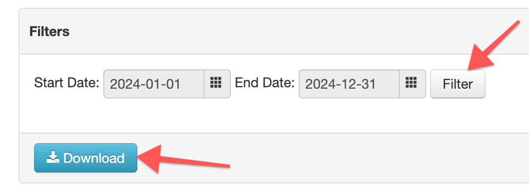 Date filter and download button interface.