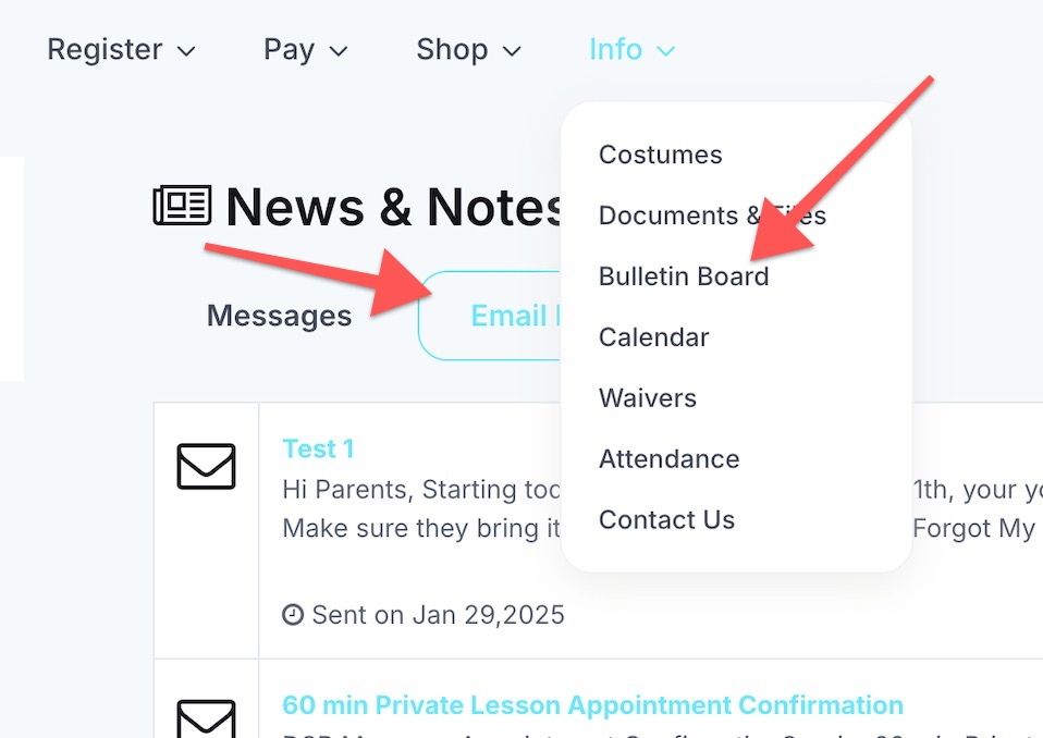 Website menu with dropdown options.