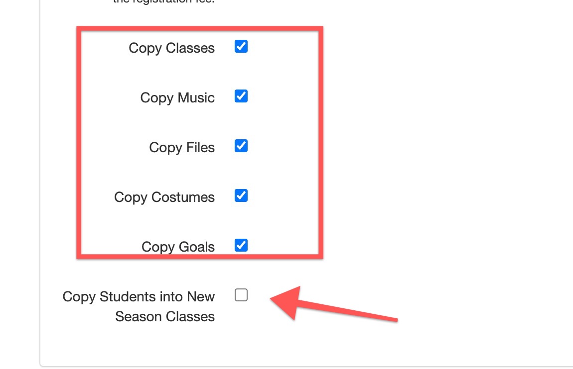 Checkbox options for copying class items.