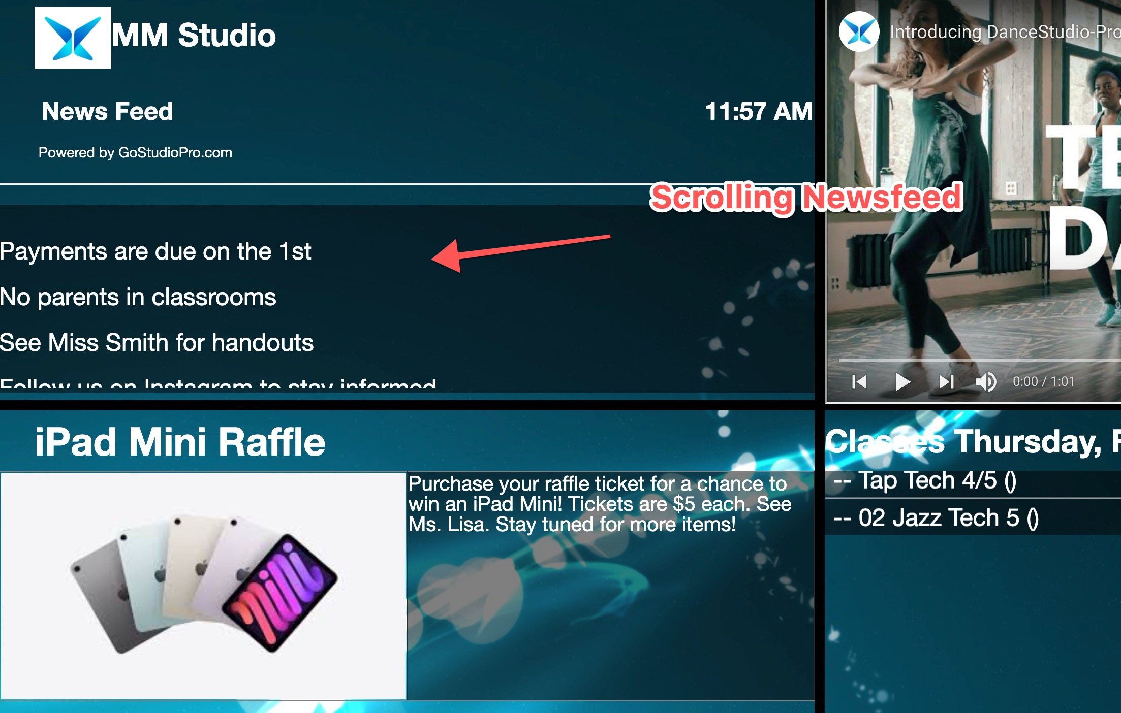 Studio newsfeed and iPad Mini raffle details.