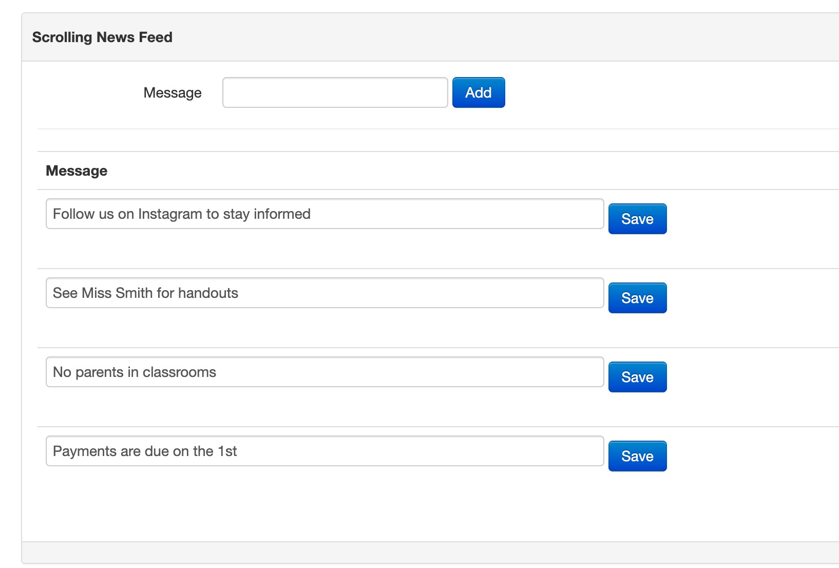 Scrolling news feed with editable messages.