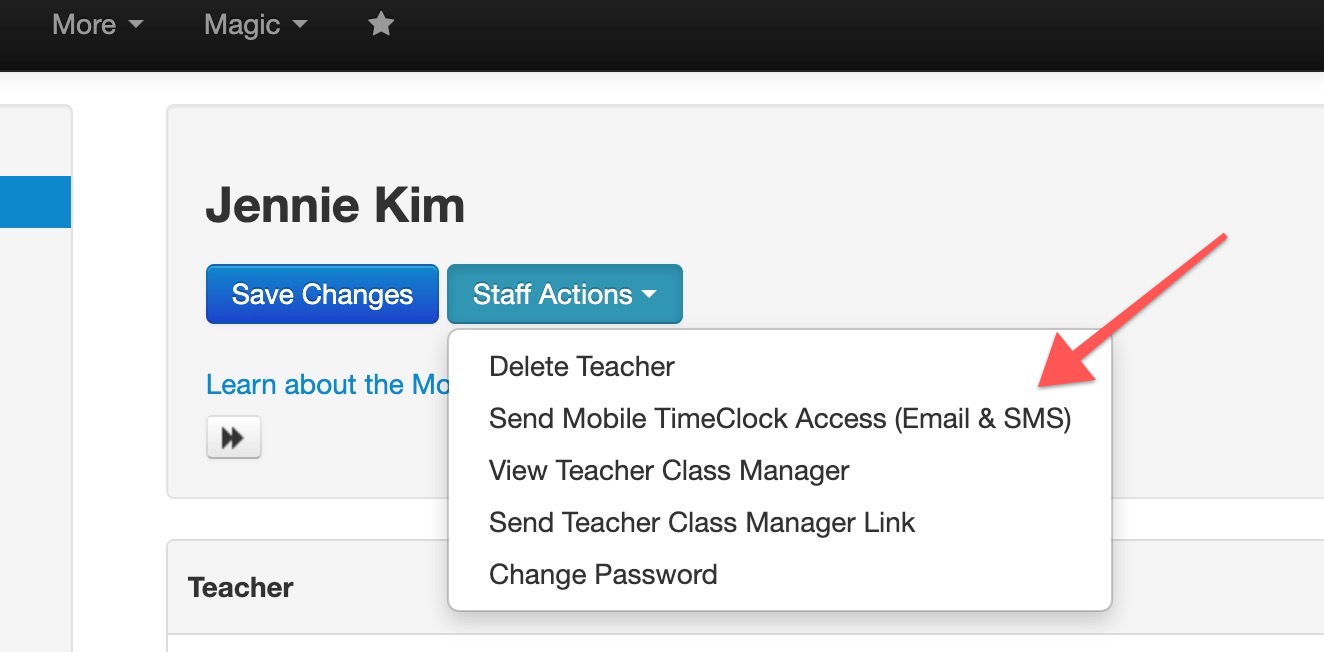 Dropdown menu with staff actions.