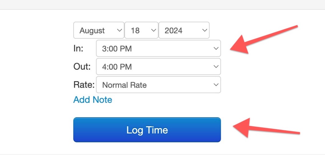 Time logging interface with date and time fields.