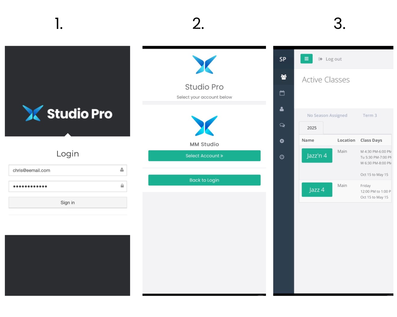 Studio Pro login and class schedule interface.