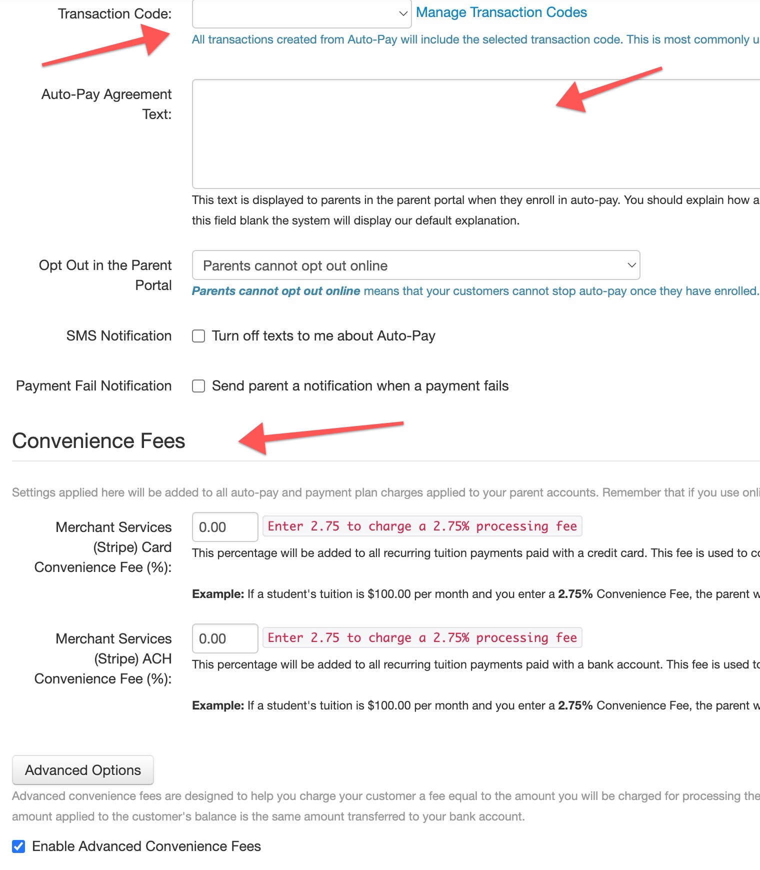 Auto-Pay settings and convenience fees form.
