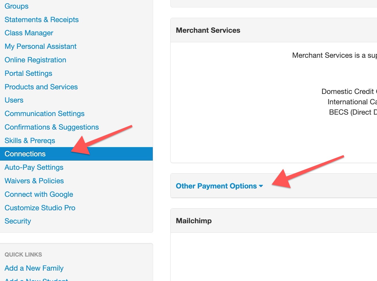 Menu with arrows pointing to options