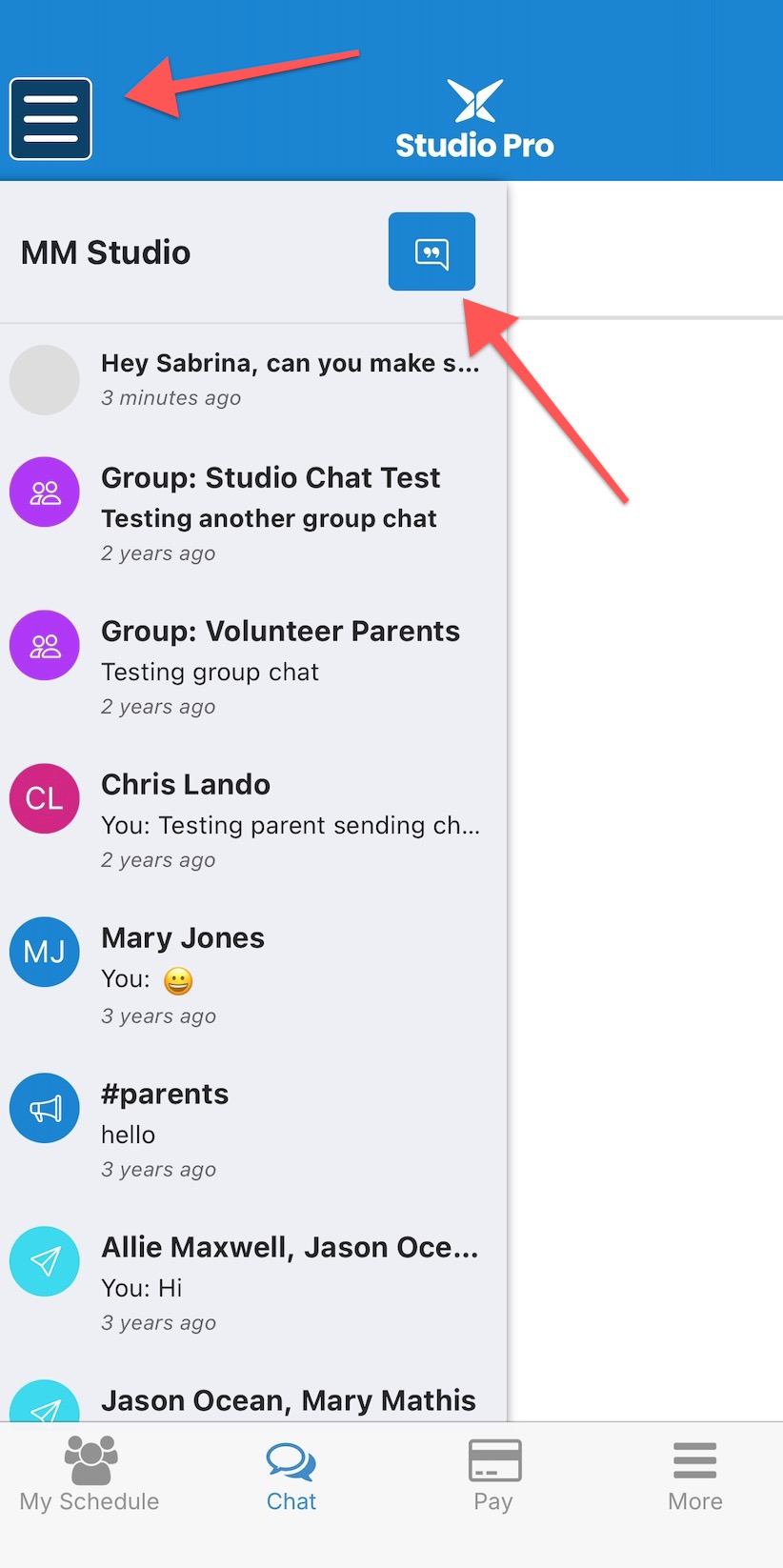 Chat app interface with message list.
