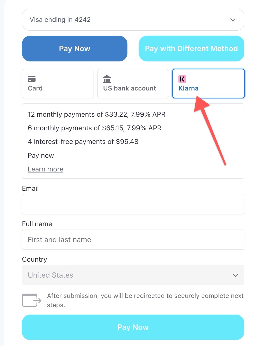 Screenshot of the Parent Portal Payments tab. Red arrow points to the Klarna button.