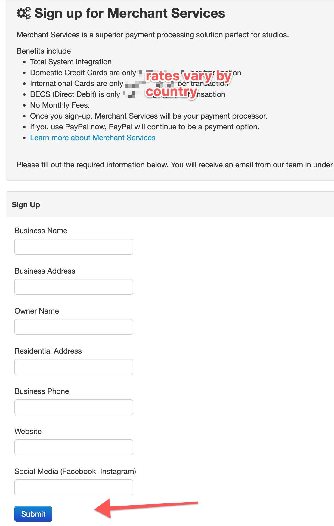 Merchant services sign-up form