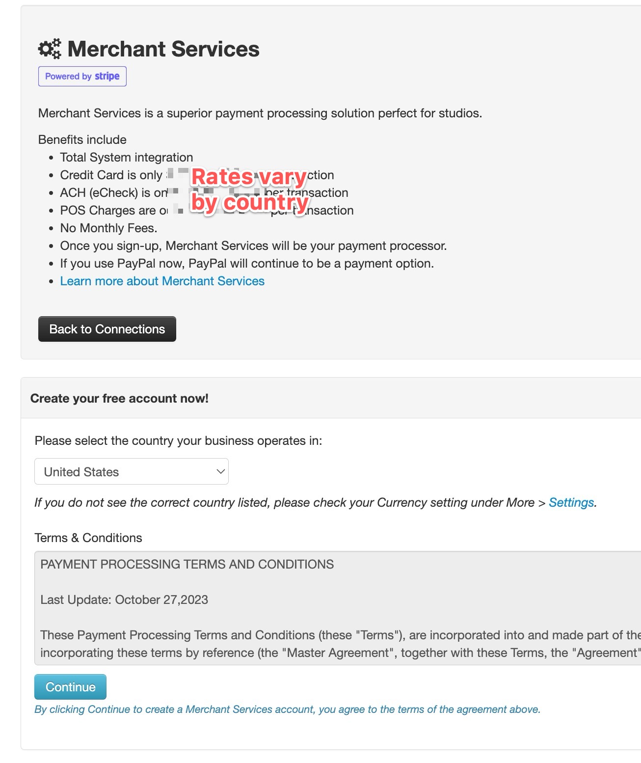 Merchant Services setup page