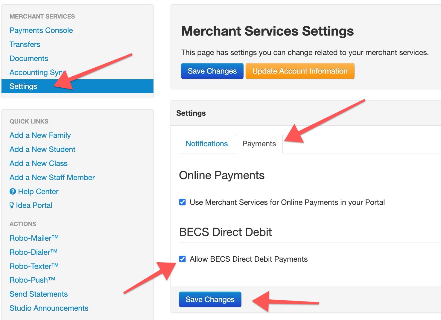 Merchant services settings page with options.