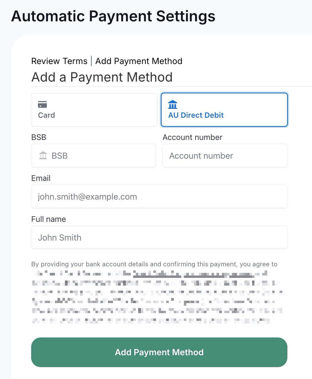 Payment method selection form