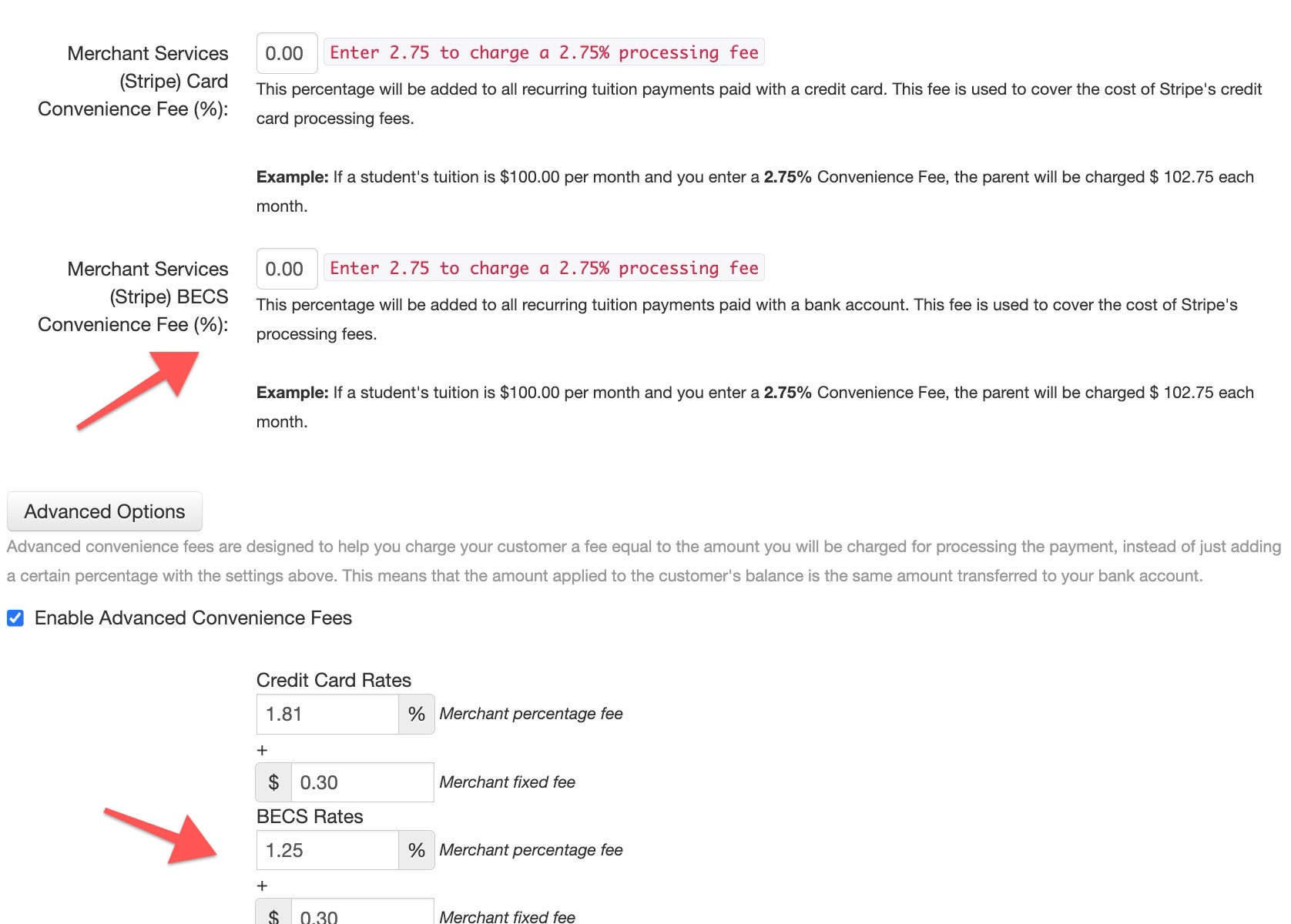 Convenience fee settings for Stripe payments.