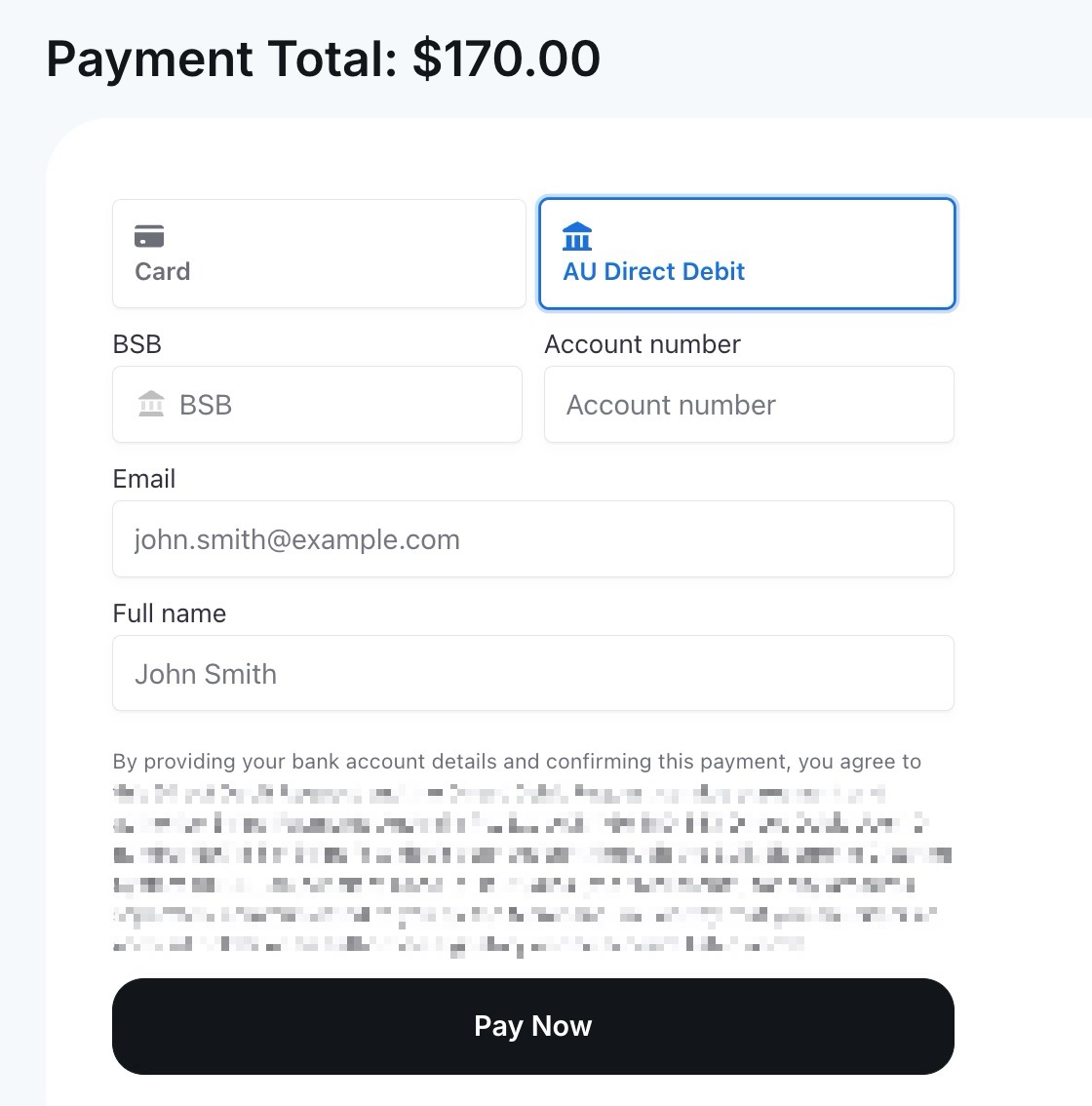 Payment form with direct debit option.