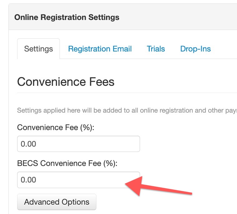Convenience fee settings page.