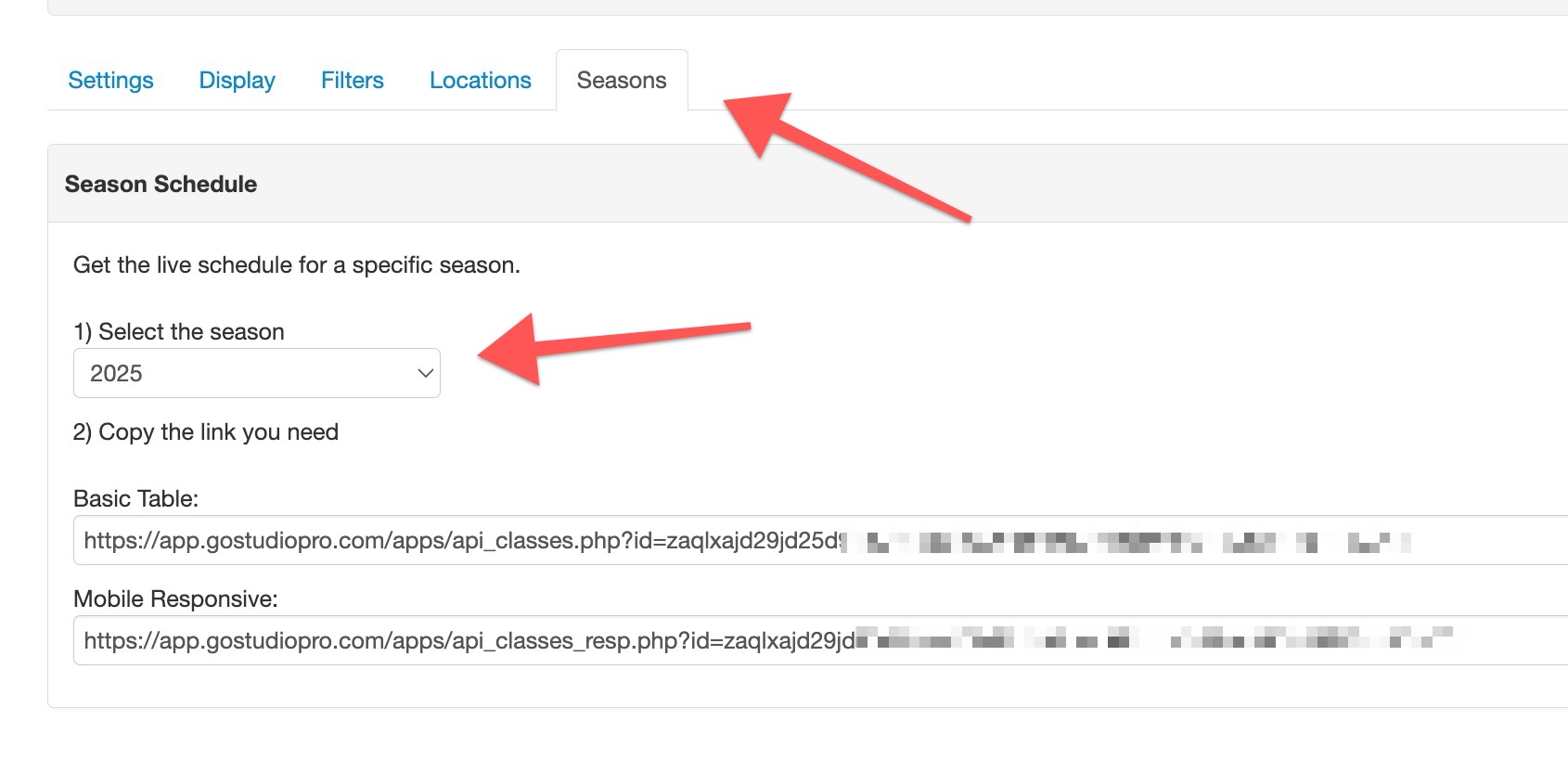 Season schedule selection interface