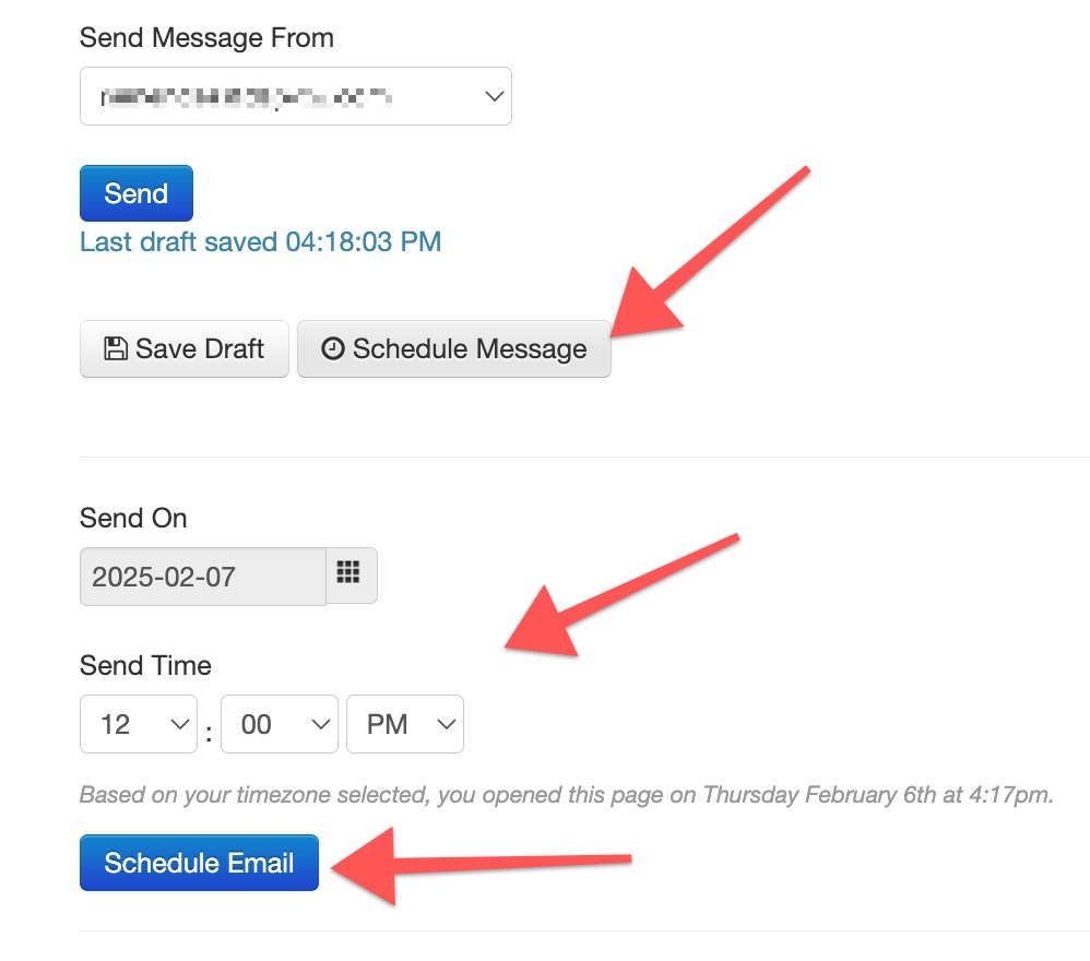 Email scheduling interface with buttons.