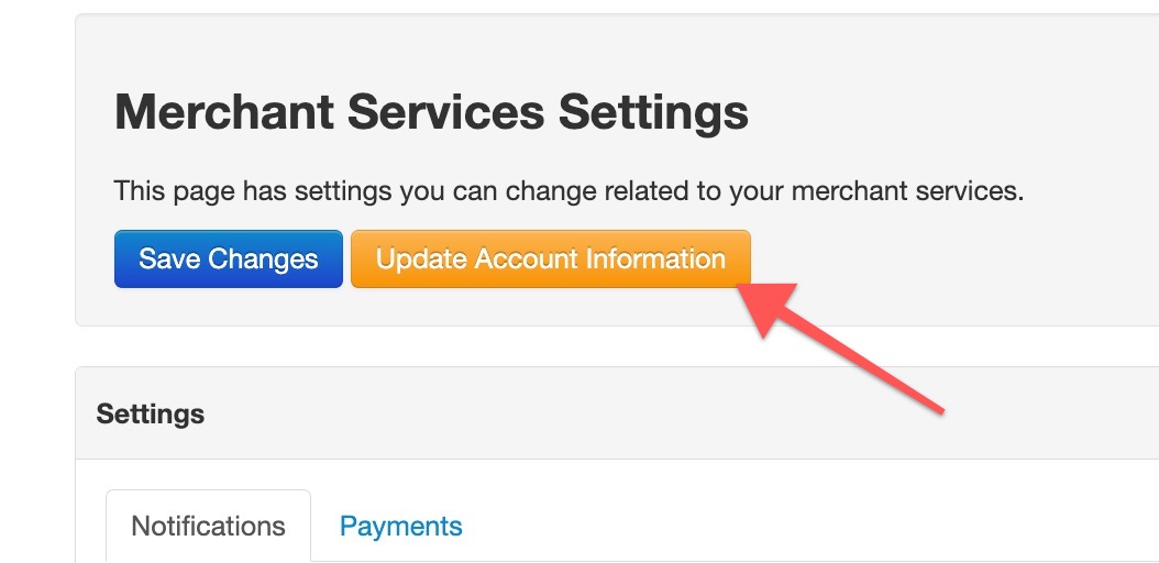Merchant Services Settings page with buttons