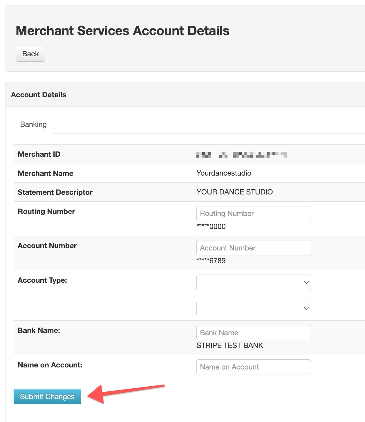 Merchant account details form with submit button.
