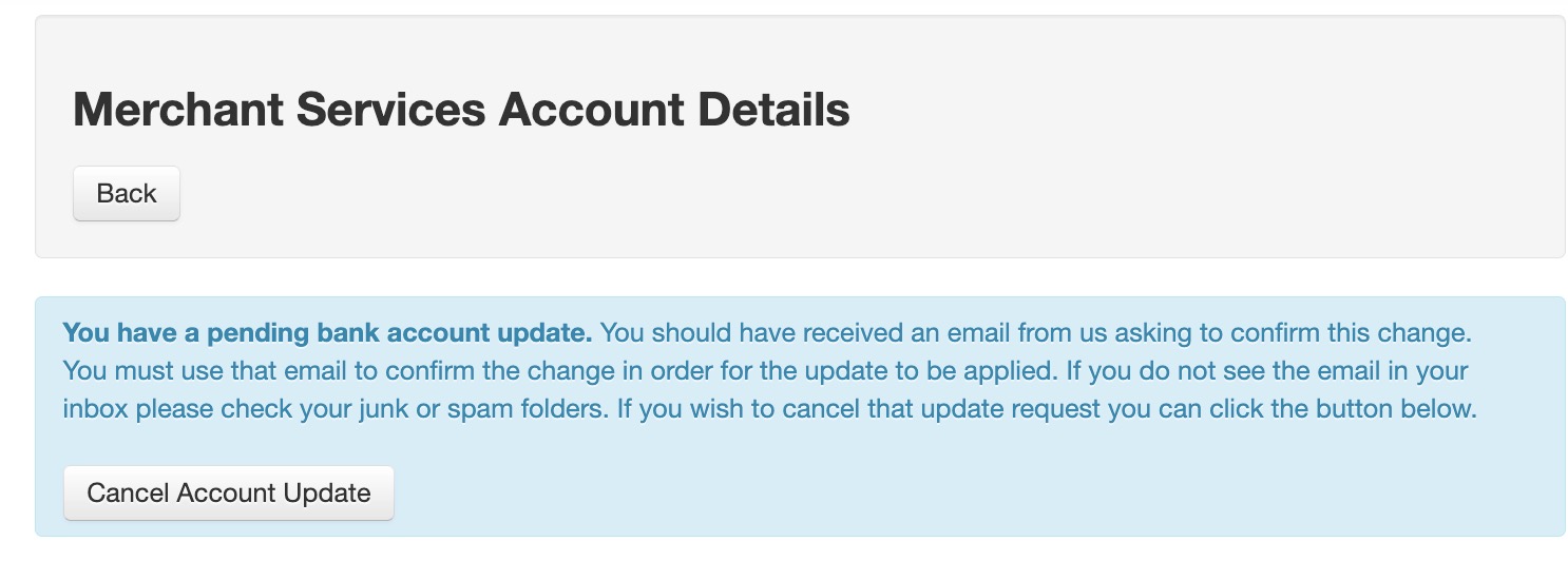 Pending bank account update notice.