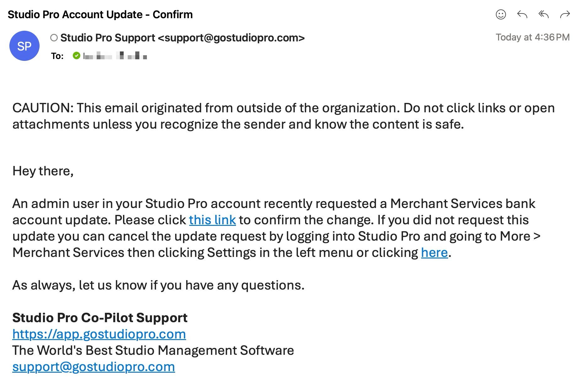 Email about Studio Pro account update request.