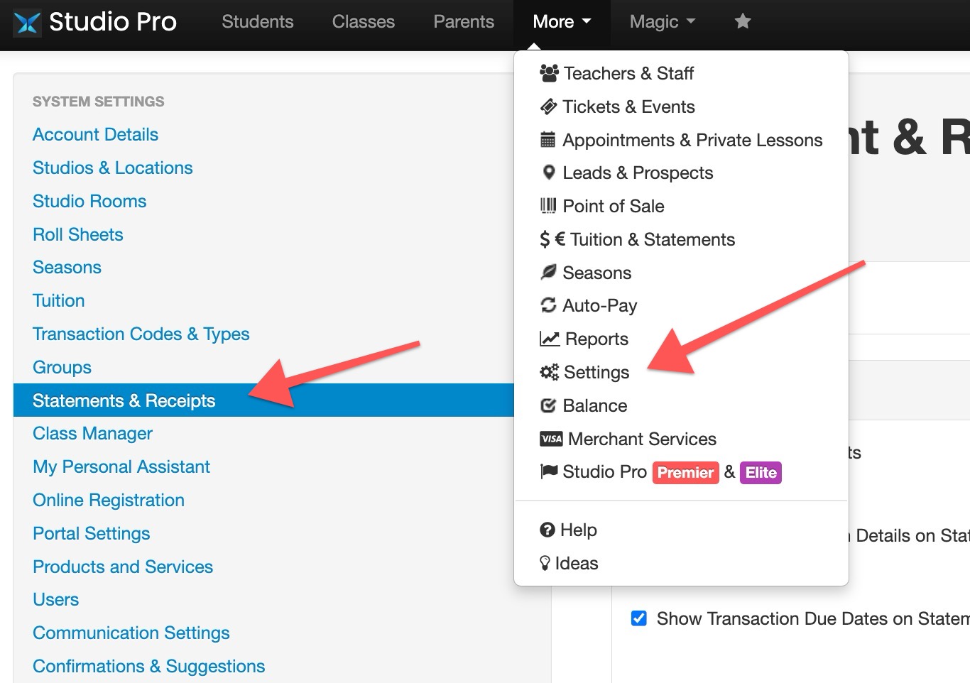 Settings menu with highlighted options