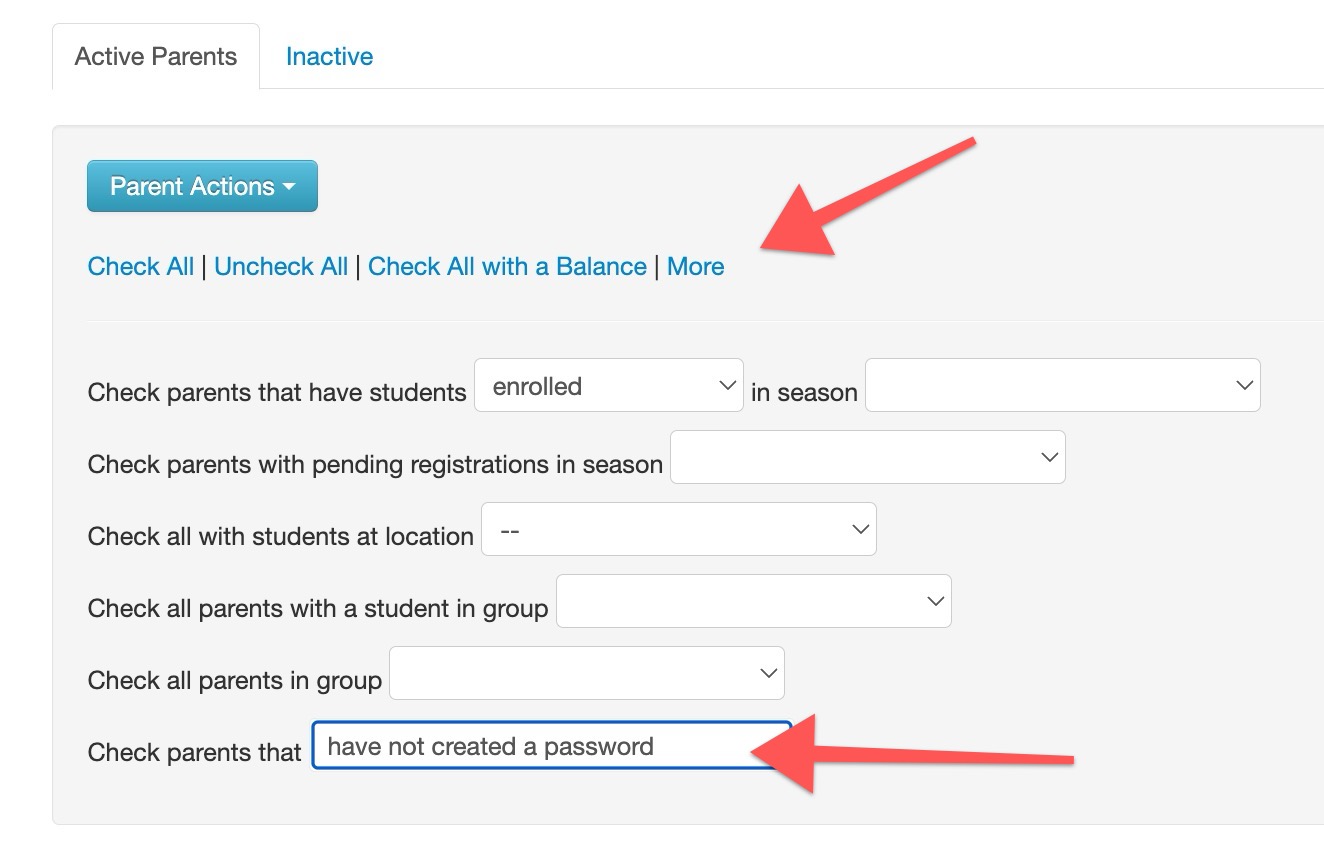 Parent actions and filters interface