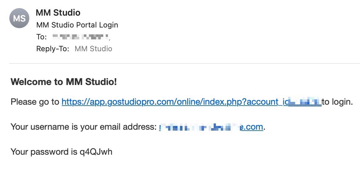 Email with login details for MM Studio.