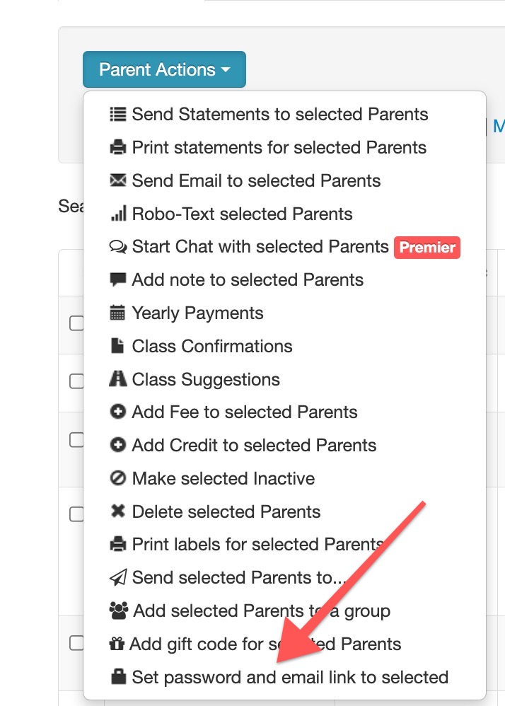 Dropdown menu with parent action options.