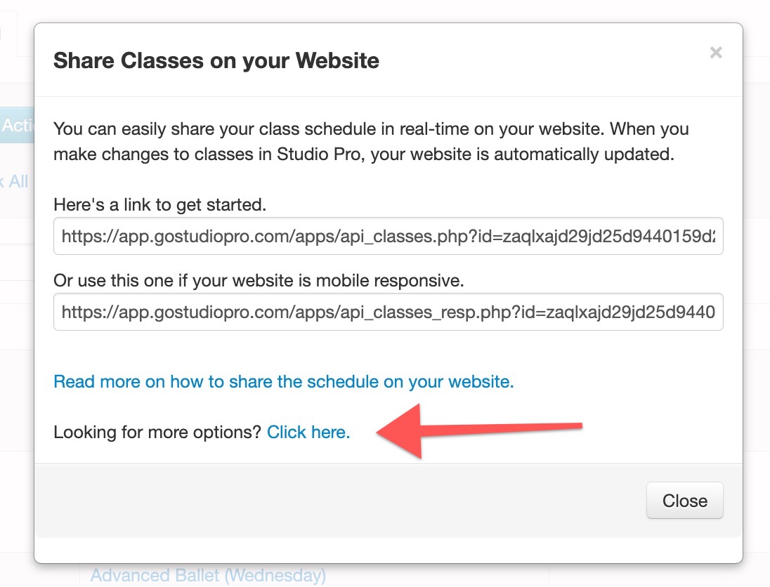 Share Classes on Your Website" dialog box.