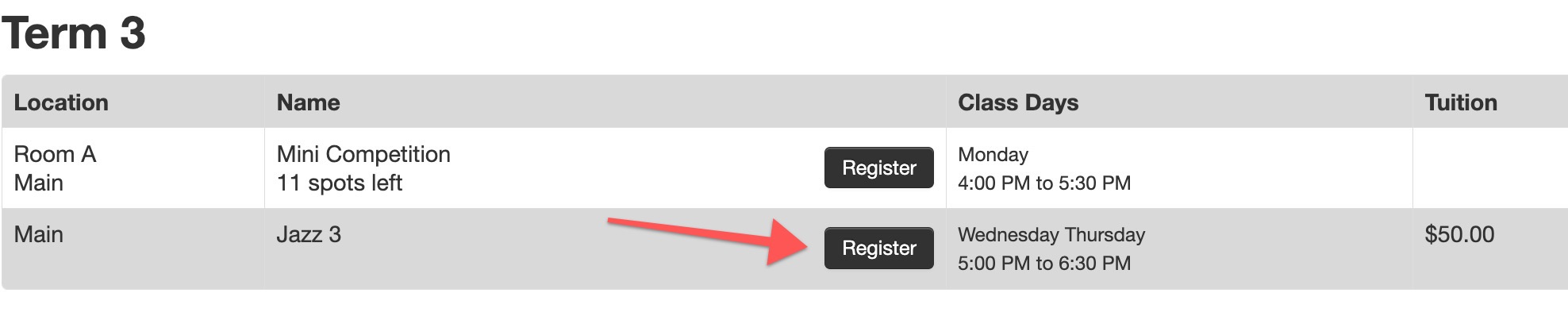 Class schedule with registration button.