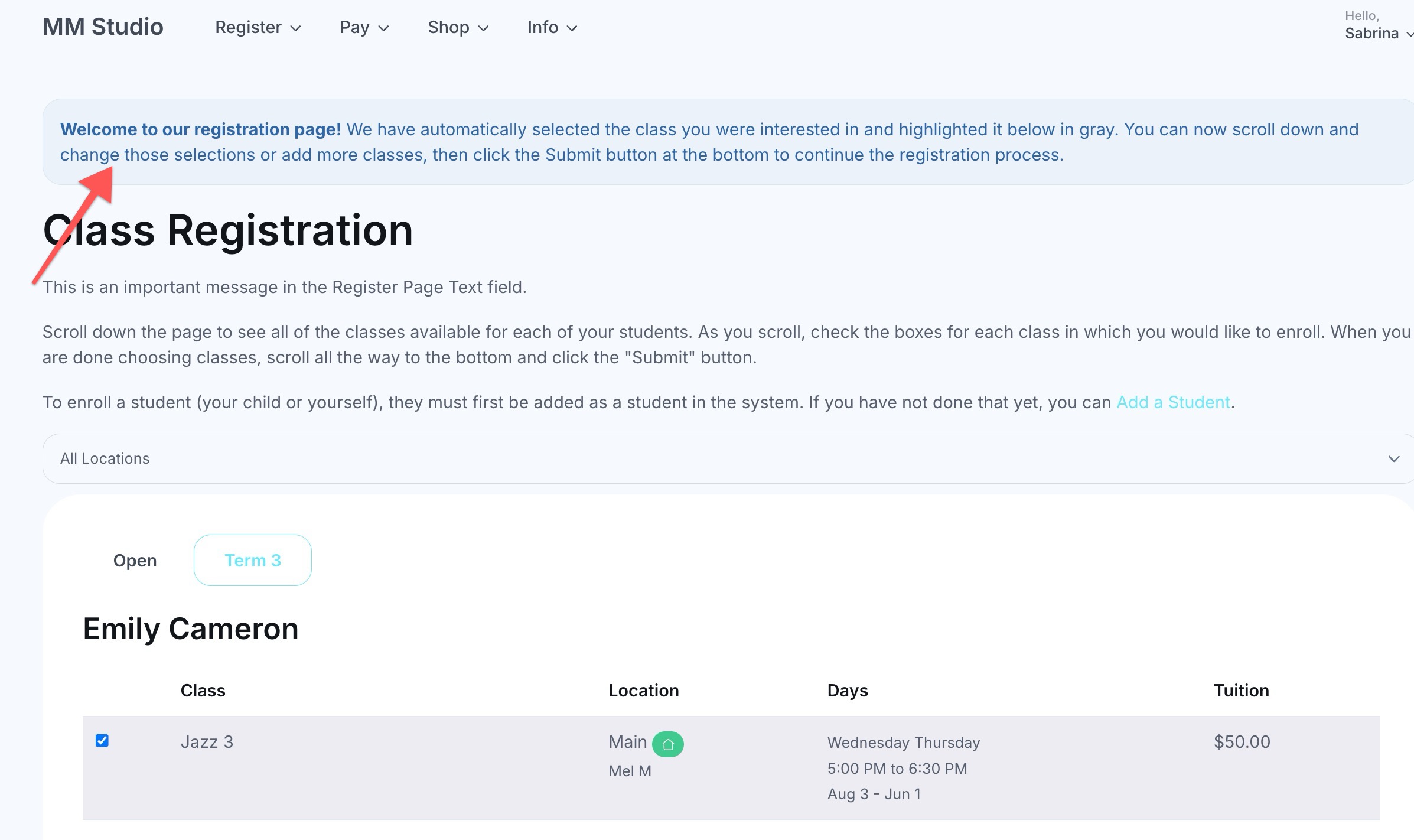 Class registration page with selected class.