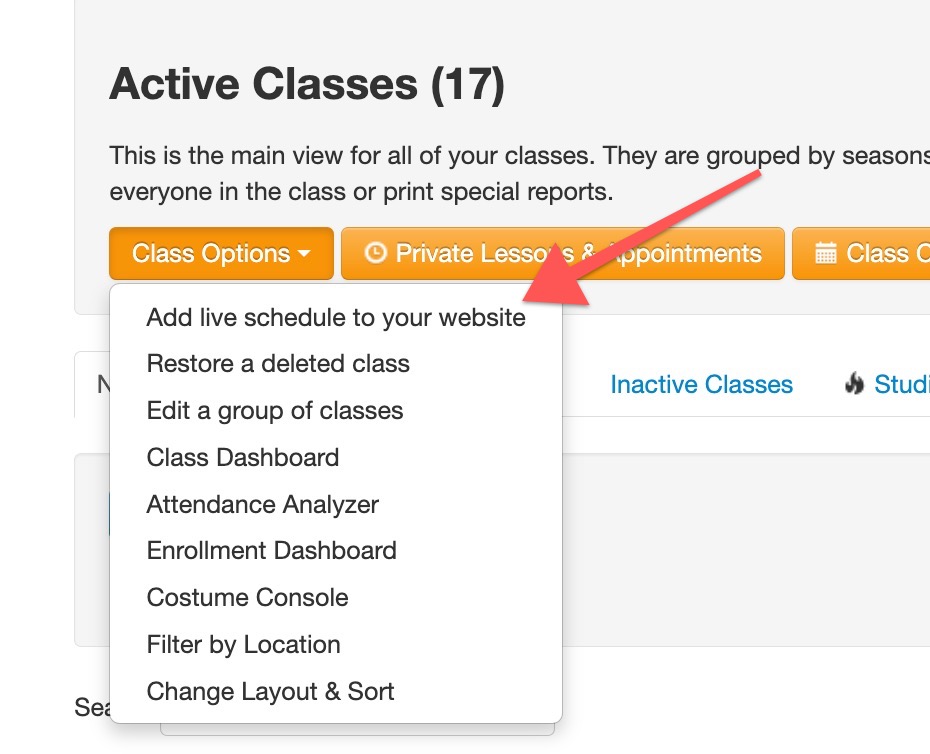 Dropdown menu under Class Options button.