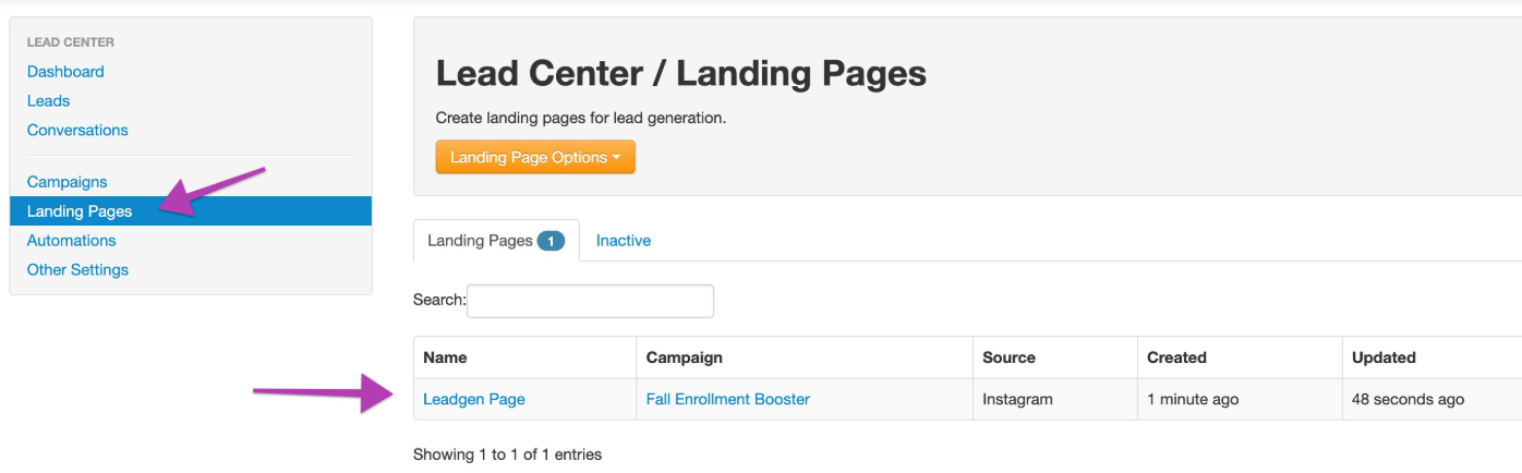 Lead Center Landing Pages dashboard view