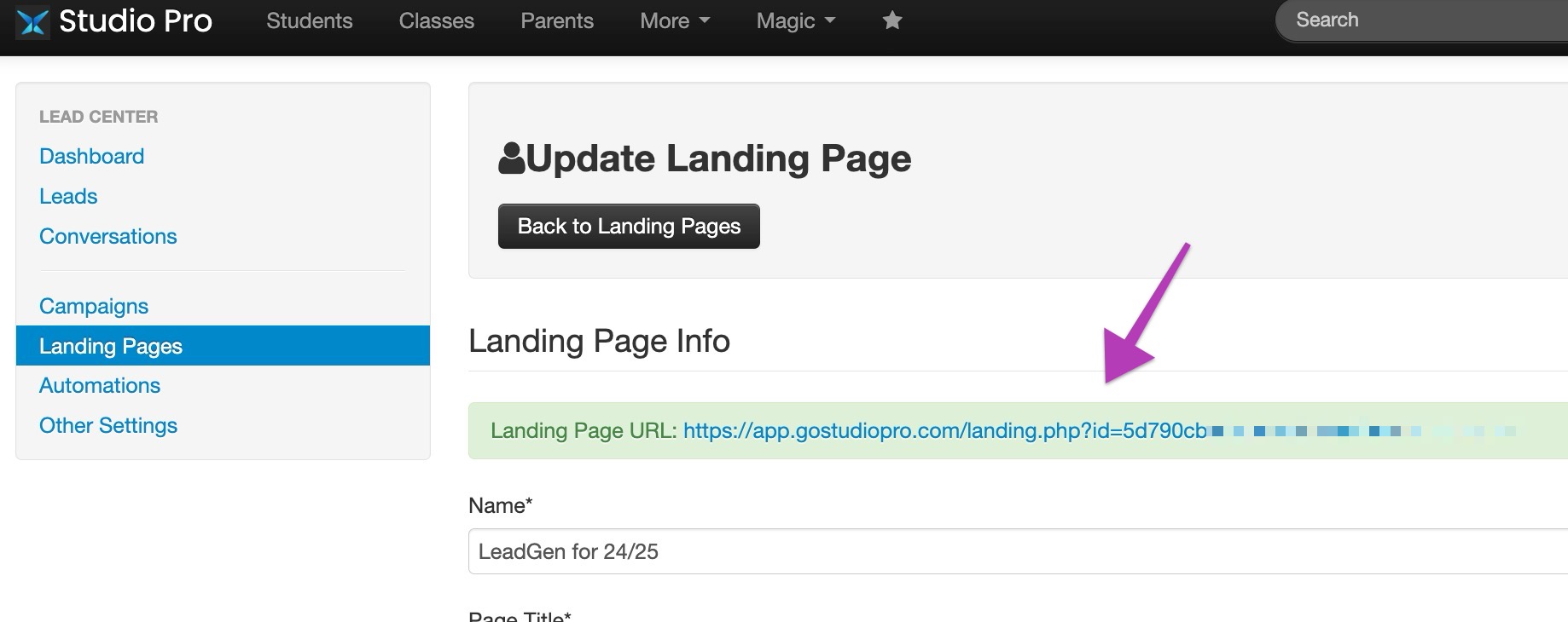Landing page URL highlighted on dashboard.