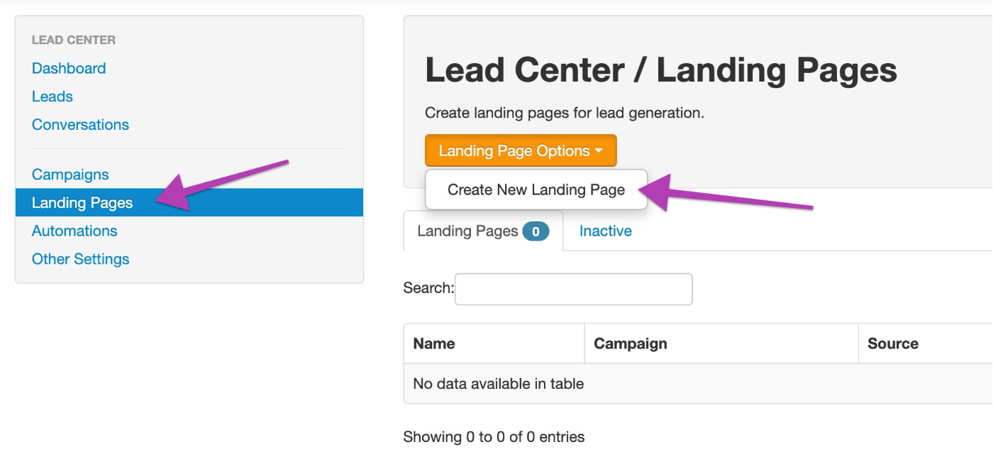 Create New Landing Page" button highlighted.