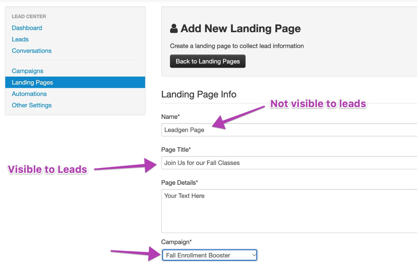 Landing page creation interface screenshot.