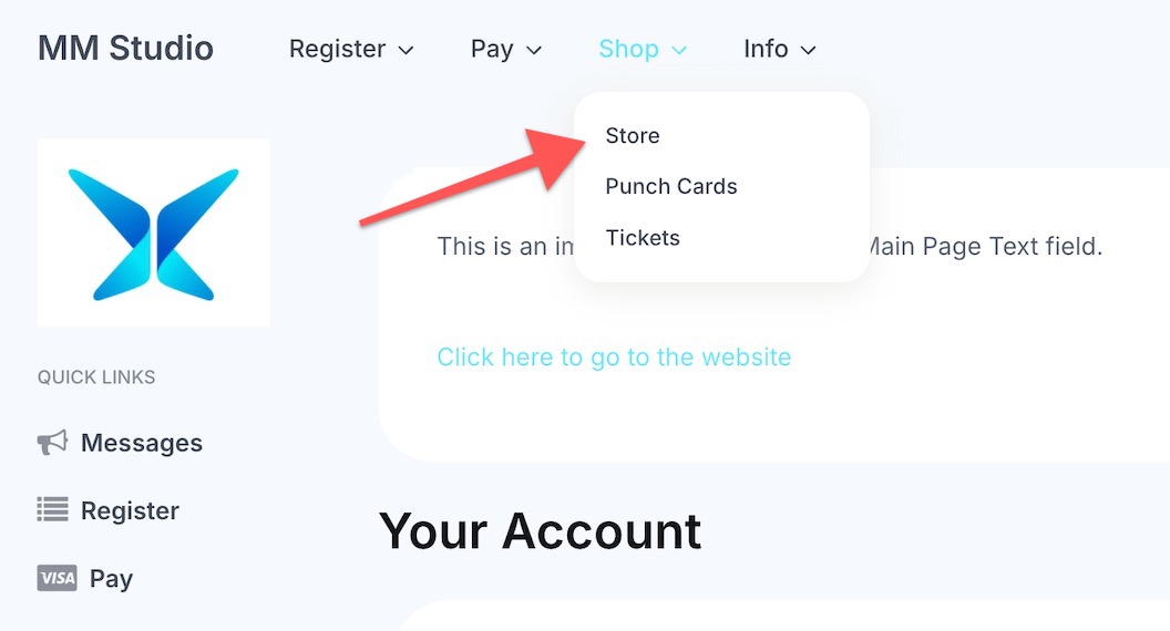 Dropdown menu under 'Shop' with options.