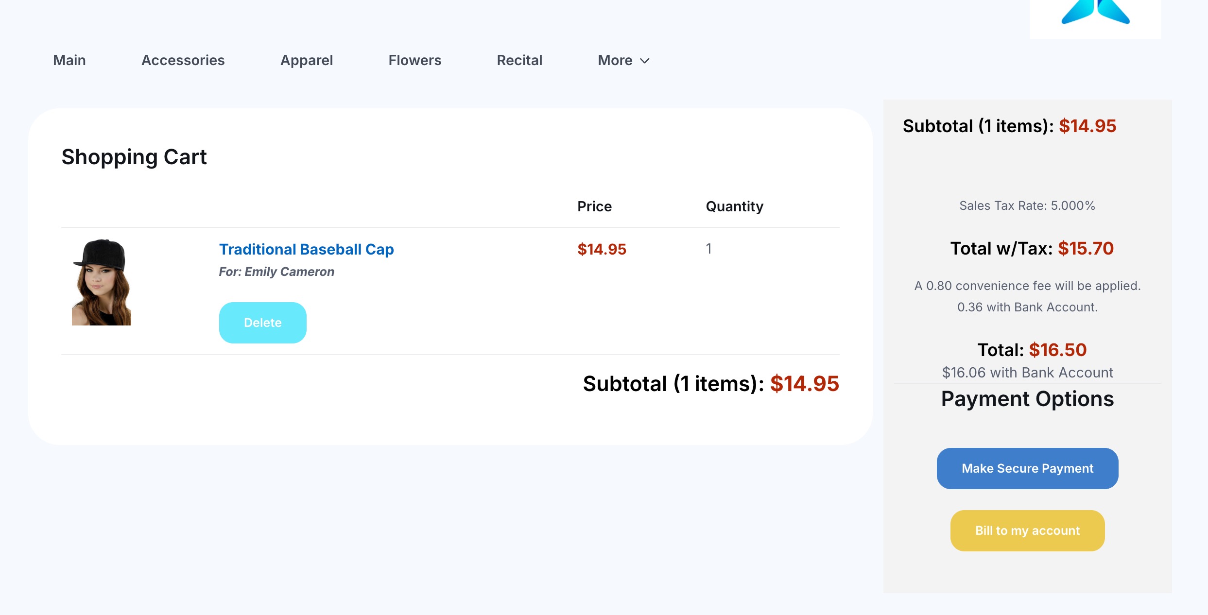 Shopping cart with baseball cap item