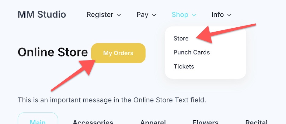 Online store menu with dropdown options