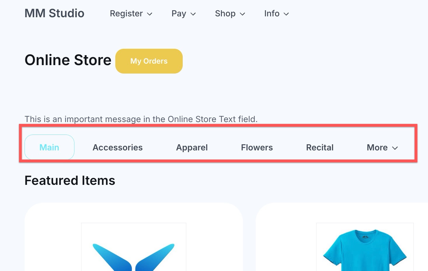 Online store navigation menu highlighted