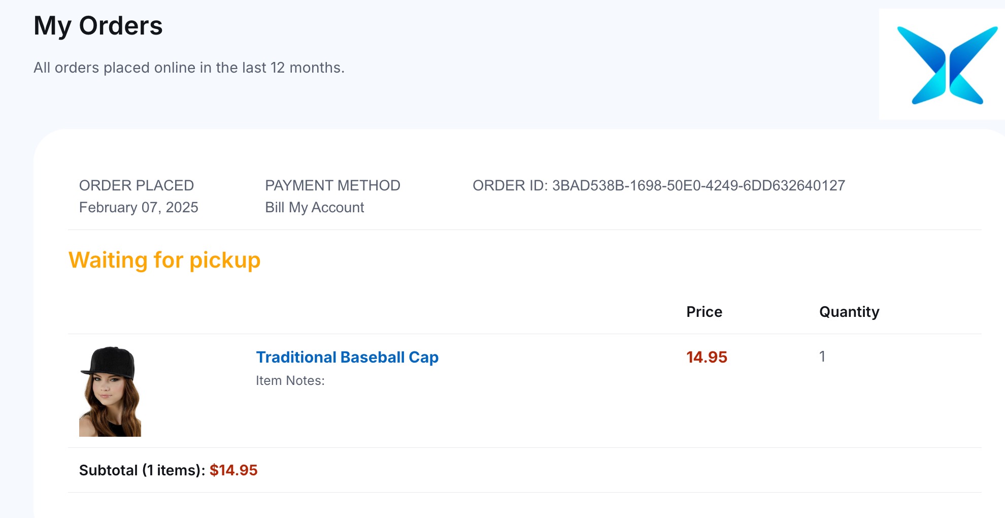Order summary for a baseball cap.