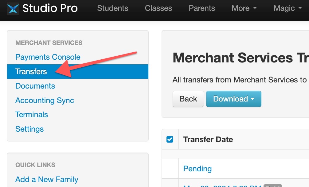 Transfers menu highlighted in Studio Pro interface.