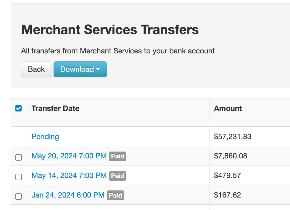Merchant services transfer list with amounts.