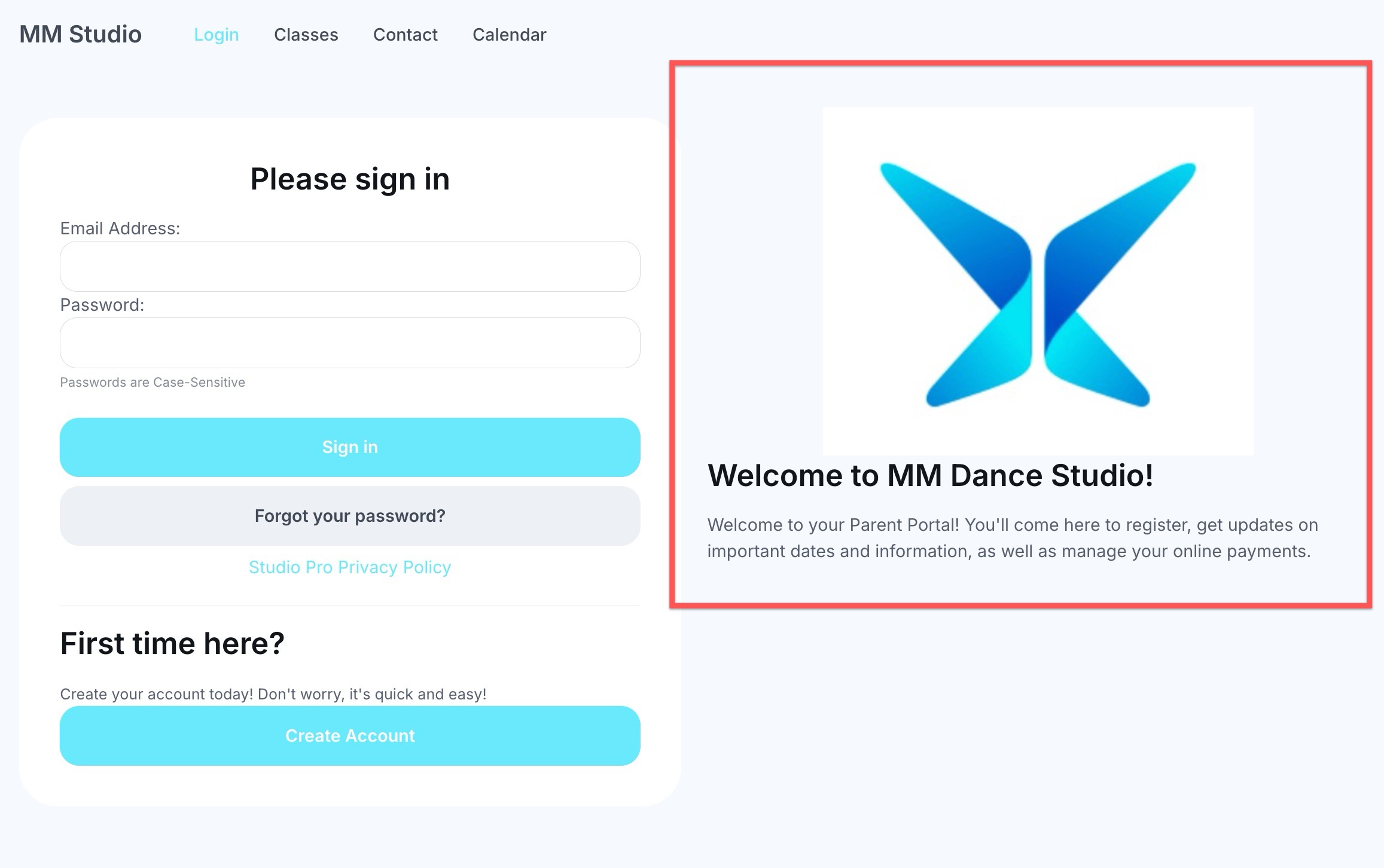 MM Dance Studio login page